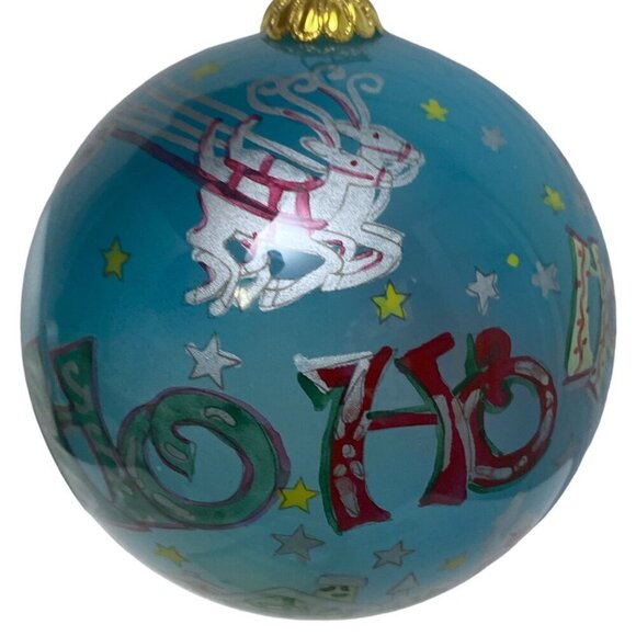 Christmas Ornament Blue Santa with Sleigh Reverse Glass Painted Le Bien Blue - Picture 3 of 11